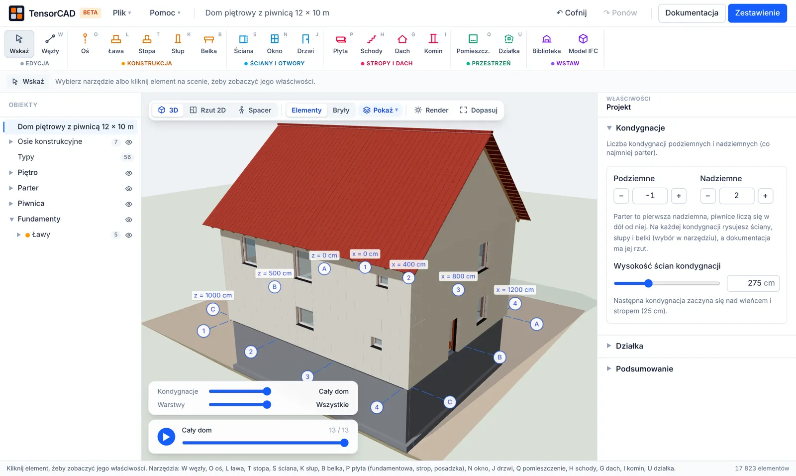 Edytor TensorCAD: dom piętrowy z piwnicą w widoku 3D, ściany z pustaków, dach z dachówek, osie konstrukcyjne i drzewo obiektów