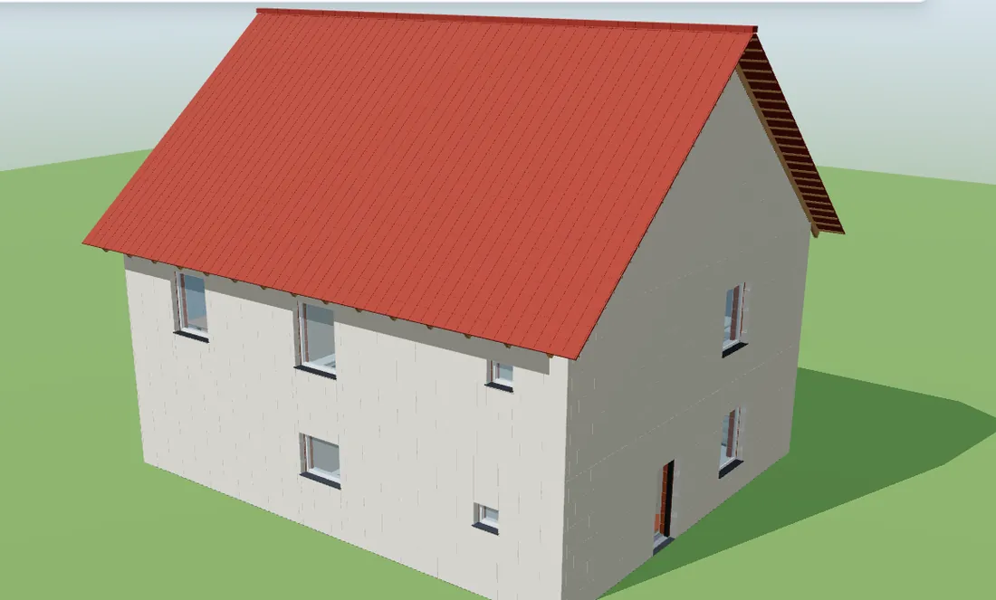 Render domu piętrowego w TensorCAD: ściany, okna i czerwony dach dwuspadowy na trawie